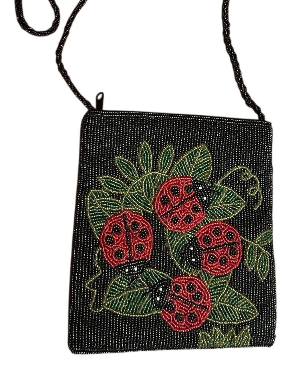 ERMO Vintage Hand Beaded Ladybug Crossbody Purse Black Seed Bead Floral Bag